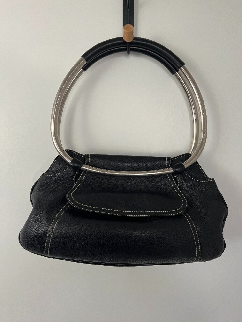 Prada Black Pebbled Leather Silver Ring Handle Handbag Made in Italy